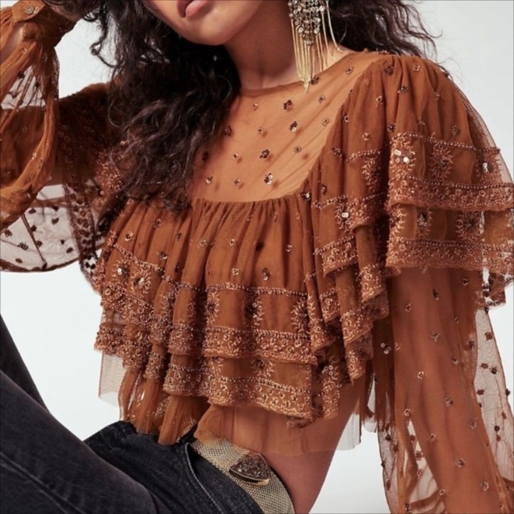 Free People $128 Embellished Mesh Top Size XS Brown Sequin Sheer